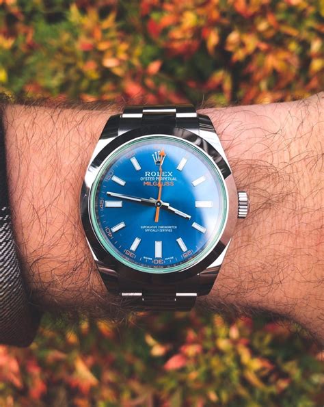 rolex milgauss blue wrist